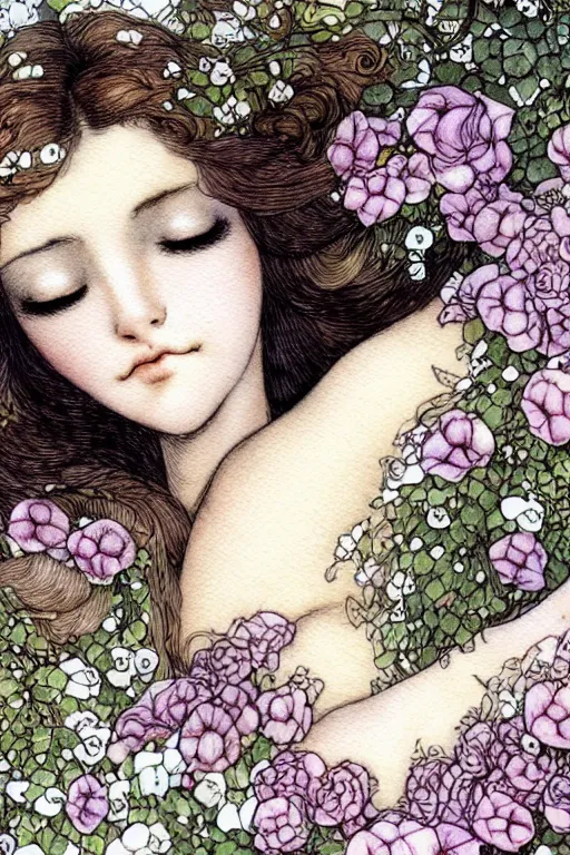 Image similar to closeup face shot of sleeping woman with long hair on a bed surrounded by ivy and flowers, fantasy art, trending on artstation, sleeping beauty fairytale, art by luis royo and walter crane and kay nielsen, watercolor illustration,