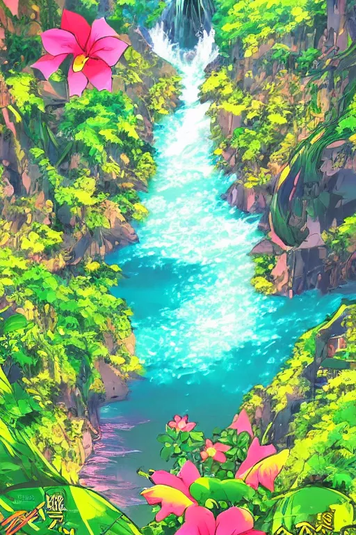 Image similar to landscape of an anime style with tropical flowers and waterfalls neon colors, bird eye view, bove rule of thirds golden ratio, fake detail, trending pixiv fanbox art by todd mcfarlane