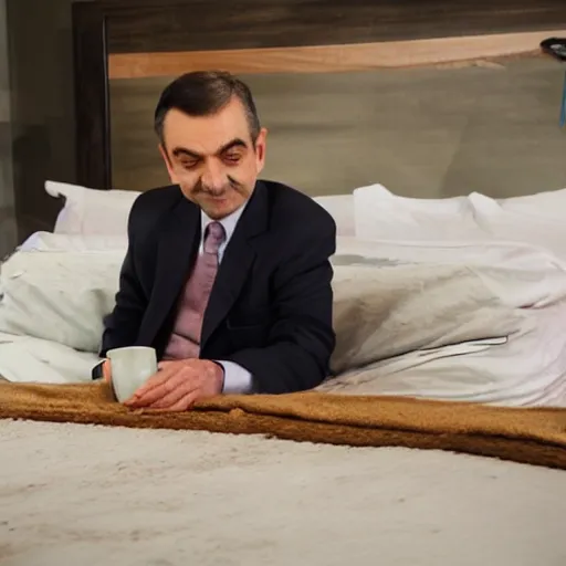 Image similar to mr. bean pouring beans on his bed