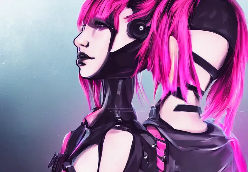 Image similar to little android girl with eccentric pink haircut wearing black feather dress, cyberpunk, anime style artwork, dark, neon, anatomically perfect