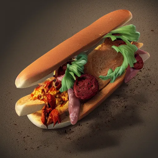 Image similar to sonic the old and decrepit hedgehog eating chorizo sandwich with a tetrabrik of wine. 3d render, hyperdetailed, dirty, blender, trending on artstation, octane render, photorealistic, intricate detail, disgusting