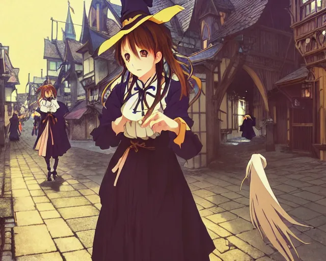 Image similar to kyoani, key anime visual portrait of a young female witch walking through a busy medieval village, dynamic pose, dynamic perspective, cinematic, dramatic lighting, muted colors, detailed silhouette, textured, anime proportions, alphonse mucha, perfect anime, yoh yoshinari, takashi murakami