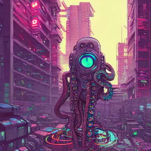 Prompt: A cyberpunk octopus cyborg eats on the street of a cyberpunk city art by Josan Gonzalez, sci-fi, highly detailed, digital painting, artstation, smooth, sharp focus, illustration, concept art by Josan Gonzalez and James Gurney and Mœbius