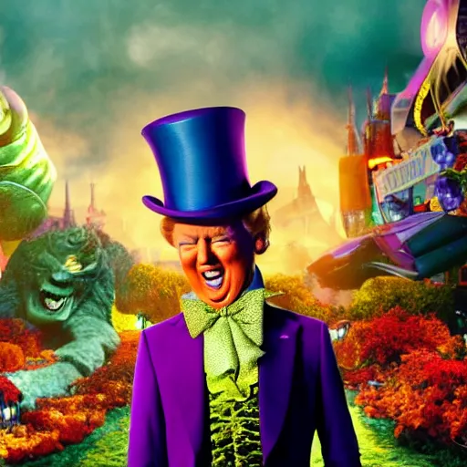 Image similar to donald trump as willy wonka in avengers movie, fantasy, splash art, avengers movie, movie still, detailed face, photorealistic facial features, cinematic lighting, dramatic, octane render, long lens, shallow depth of field, blockbuster, bokeh, hd, anamorphic lens flare, 8 k, hyper detailed, 3 5 mm film grain
