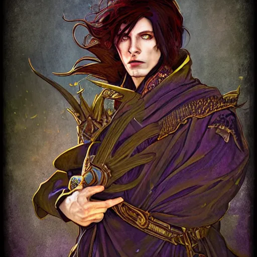 Image similar to portrait of a male warlock,Grim fantasy, D&D, HDR, natural light, medium close shot, dynamic pose, award winning photograph, Mucha style