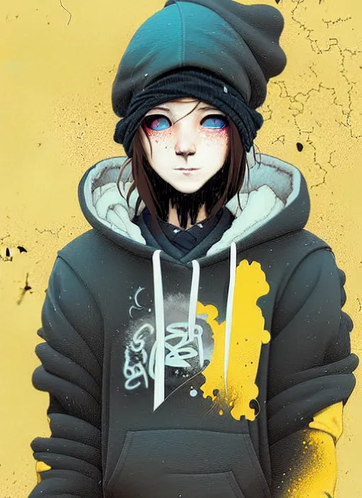 Image similar to highly detailed portrait of a sewerpunk student, blue eyes, hoody, beanie hat, white hair by atey ghailan, by greg rutkowski, by greg tocchini, by james gilleard, by joe fenton, by kaethe butcher, gradient yellow, black, brown and cyan color scheme, grunge aesthetic!!! ( ( graffiti tag wall background ) )