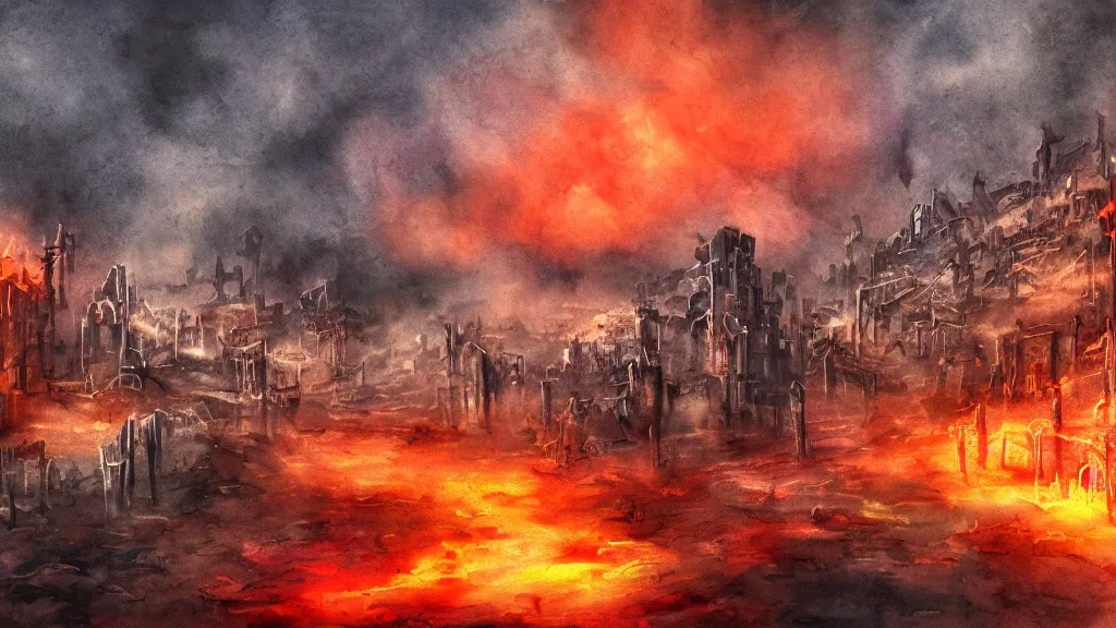 Prompt: a watercolor painting of an abandoned fiery city in hell, scary, bright, fantasy, smoke, fire, circular, digital art,