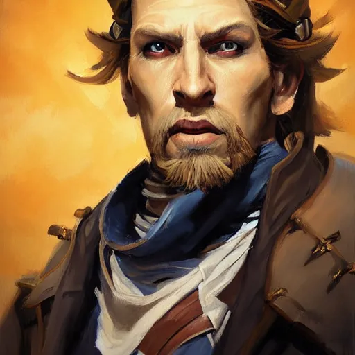 Image similar to greg manchess portrait painting of partially armored undead pirate captain guybrush threepwood as overwatch character, medium shot, asymmetrical, profile picture, organic painting, sunny day, matte painting, bold shapes, hard edges, street art, trending on artstation, by huang guangjian, gil elvgren, ruan jia, greg rutkowski, gaston bussiere