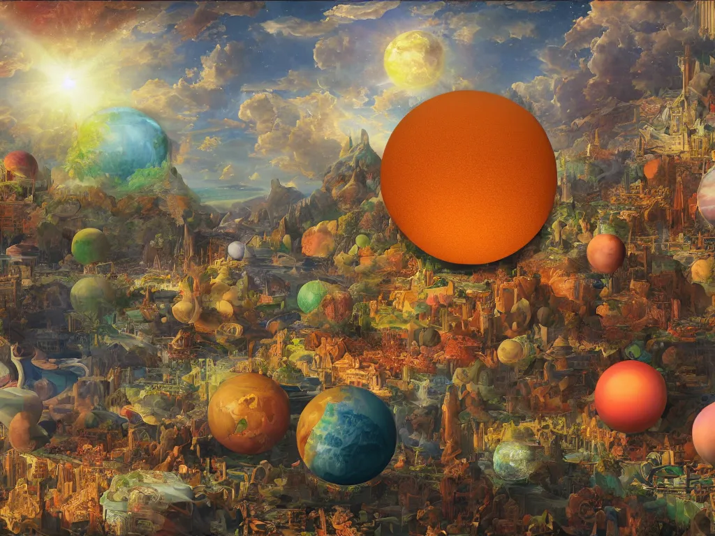 Image similar to 3 d render, sunlight study, the universe is a spheroid region 7 0 5 meters in diameter, sunlight study, art nouveau, 3 d render, by jan davidz de heem and frederic edwin church and ( ( ( ( ( lisa frank ) ) ) ) )