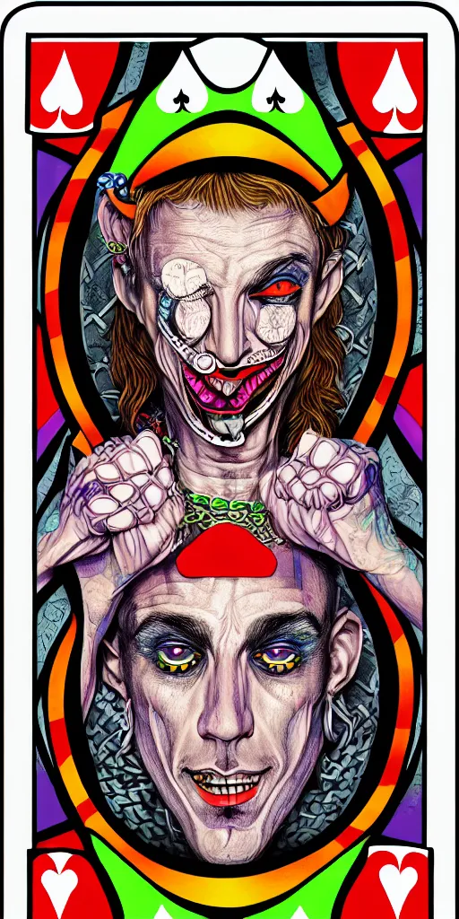 Image similar to psychedelic illustration, court jester portrait, psychotic eyes, in prison, in chains, playing card design, detailed colored pencil drawing, photorealistic illustration, 8 k resolution, octane render,