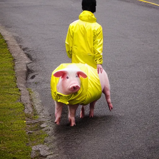 Image similar to photograph of a cute pig walking upright wearing a yellow raincoat