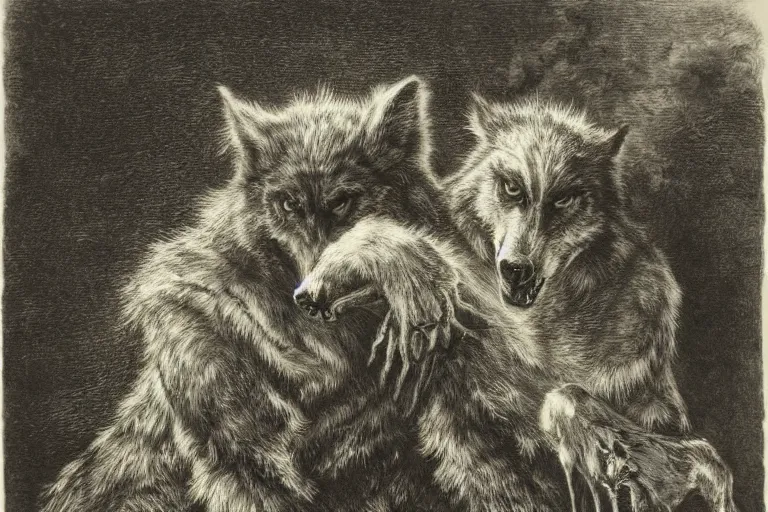 Prompt: werewolf portrait, Gustave Dore lithography