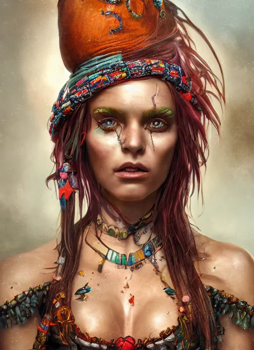 Image similar to realistic full body concept art illustration oil painting of a beautiful woman pirate in insanely detailed and intricately colored clothing, octane render, sss, postprocessing, 4k, cinematic lighting