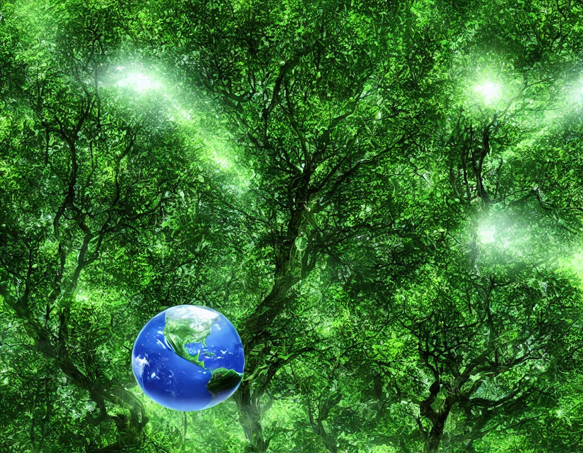 Image similar to hyper realistic 3 d rendering of little green planet with tree, hd, hdr, ultra detailed, high resolution