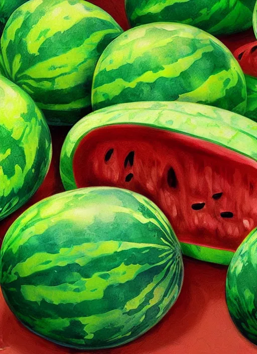 Prompt: mutant watermelon, artstation, ultradetailed, digital Painting, by James gurney and Pipilotti Rist