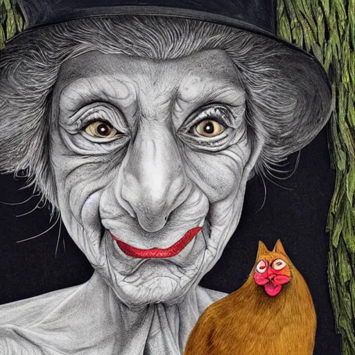 Prompt: a fabulous old woman with a sly face, a long nose and a wart on it. there is a black cat nearby. the background of huge chicken paws on top is a hut. fabulous enchanting dense forest around. very clear image. hyperrealistic.