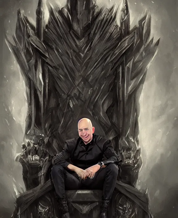 Image similar to a grimdark fantasy concept art portrait of jeff bezos sitting on a dark and evil throne