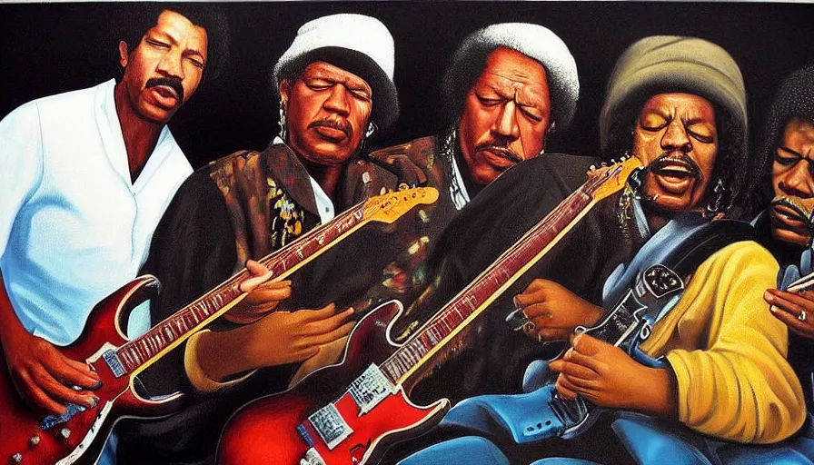 Image similar to photorealistic painting of tim maia, jimi hendrix and b. b king, with very highly detailed face, jamming with electric guitars, sitting on fluffy clouds. realism, beautiful, dramatic by grant wood, johannes vermeer and leonardo da vinci