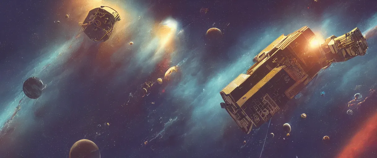 Image similar to illustration, a single small spaceship, nasa, deep space exploration, alone, the expanse tv series, industrial design, nebula, cinematic lighting, 4k, greebles, widescreen, wide angle, sharp and blocky shapes, rich colors, hyper realistic, beksinski