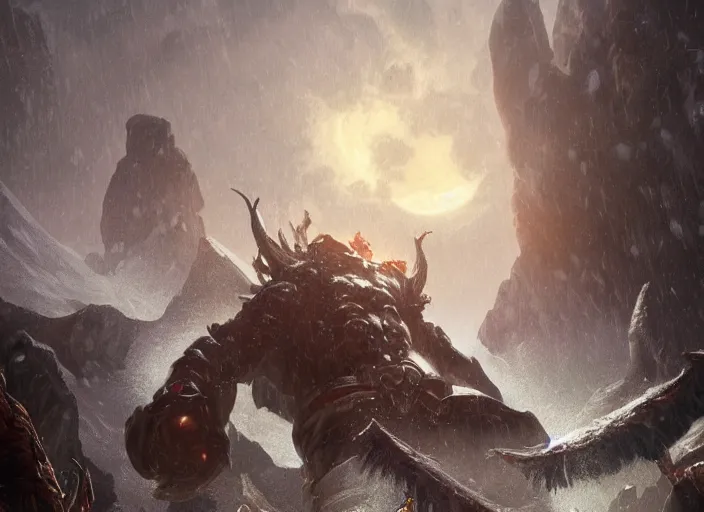 Prompt: giant asgard demon attacking an encampment during a blizzard, highly detailed, digital illustration, artstation, concept art, matte, sharp focus, illustration, dramatic, full moon, art by artgerm and greg rutkowski and alphonse mucha