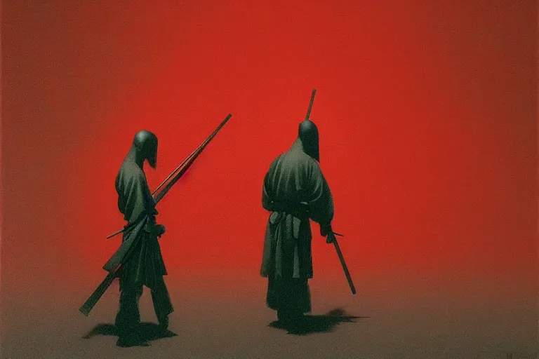 Image similar to only with red, a red samurai harakiri, tokio, a lot of frogs watch, in the style of beksinski, parts by edward hopper, parts by rodcenko, parts by yue minjun, intricate and epic composition, red by caravaggio, insanely quality, highly detailed, masterpiece, red light, artstation, 4 k