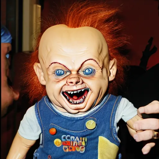 Image similar to screaming chucky doll chasing george rr martin