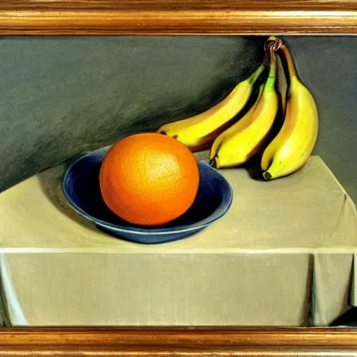 Prompt: still life painting of a banana, a fish, and an orange bowl on top of a wooden table by andrew wyeth