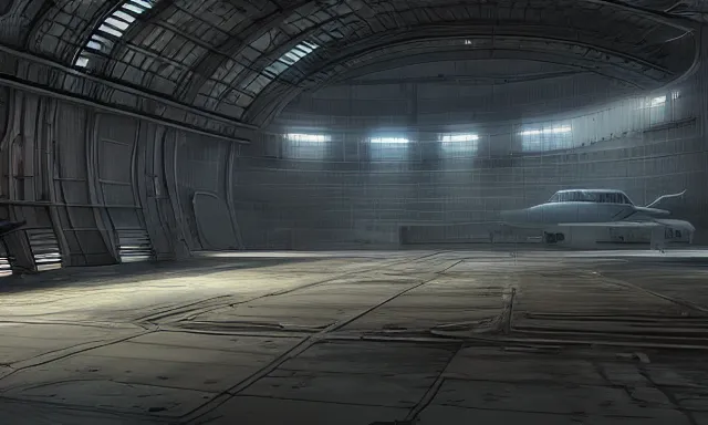 Image similar to matte painting, digital painting, high quality, unreal engine 5, a sci fi hangar