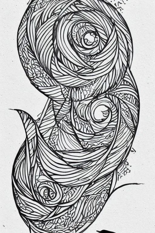 Image similar to a simple tattoo design of birds flying in a 8 spiral, ink, line art