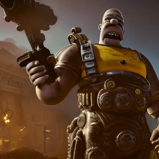 Image similar to Homer Simpson in Gears of War, splash art, movie still, cinematic lighting, dramatic, octane render, long lens, shallow depth of field, bokeh, anamorphic lens flare, 8k, hyper detailed, 35mm film grain