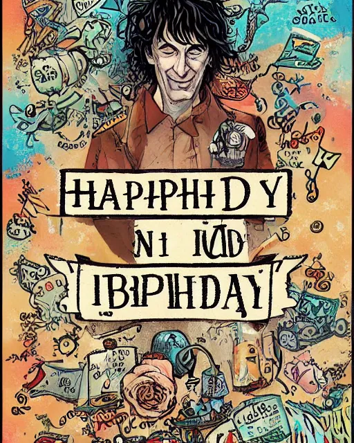 Image similar to happy birthday postcard in a style of Neil Gaiman book, trending on artstation, 8k, highly detailed