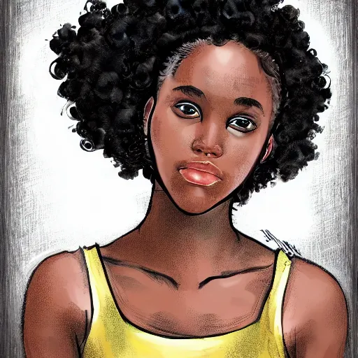 Prompt: a portrait of a black girl wearing a sundress with curly hair, digital art,trending on art station