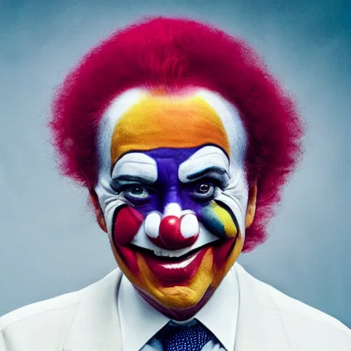 Prompt: UHD candid photo of Joe Biden dressed as a clown, wearing accurate clown makeup, accurate face, UHD, photorealistic, correct face, photo by Annie Leibowitz