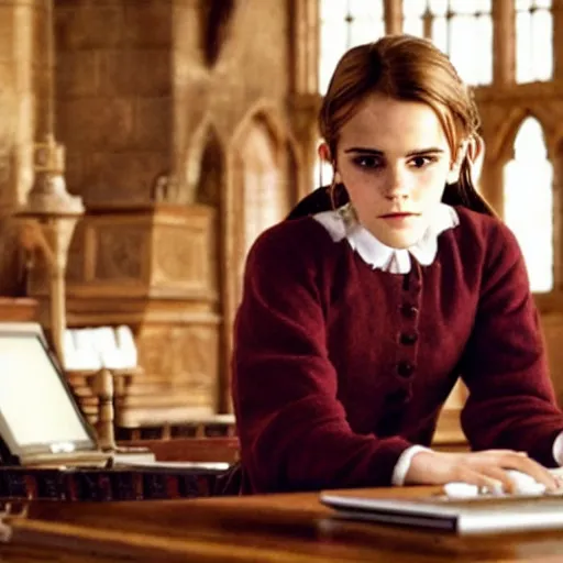 Image similar to Photo of Emma Watson using a computer in Hogwarts