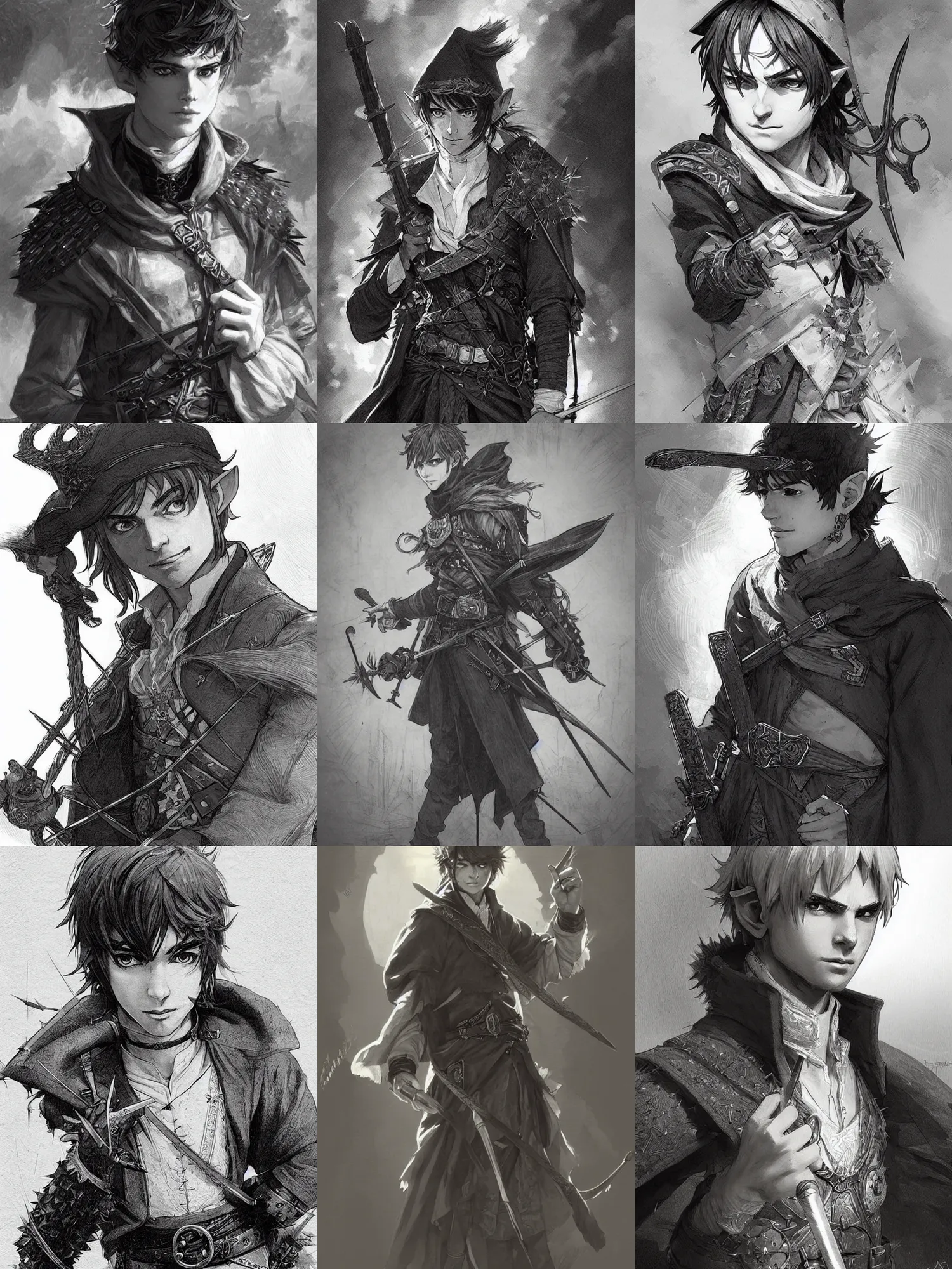 Prompt: picture of a male teenager elf archer, victorian, tuffle coat, smug face, short spiky hair, dnd, highly detailed, detailed face, grayscale, manga illustration, black and white, by artgerm, greg rutkowski, alphonse mucha