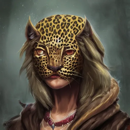 Image similar to Warlock with leopard traits. Character portrait, face close-up, of an anthro leopard warlock in the style of Bastien Lecouffe-Deharme