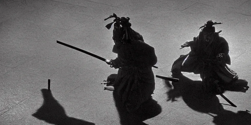 Prompt: scene from Shogun’s Shadow, 1989, movie still, cinematic, anthropomorphic half man half bear, epic, samurai