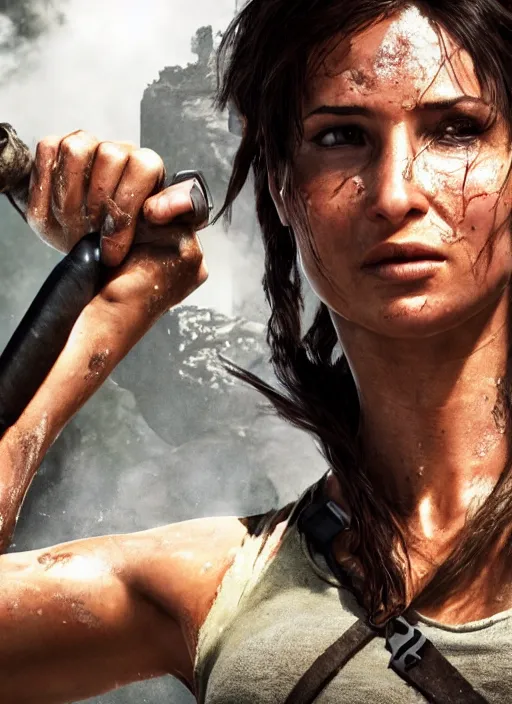 Image similar to a film still of lara croft as blacksmith, her face flushing and sweat, direct sun light, close up potrait, cinematic,