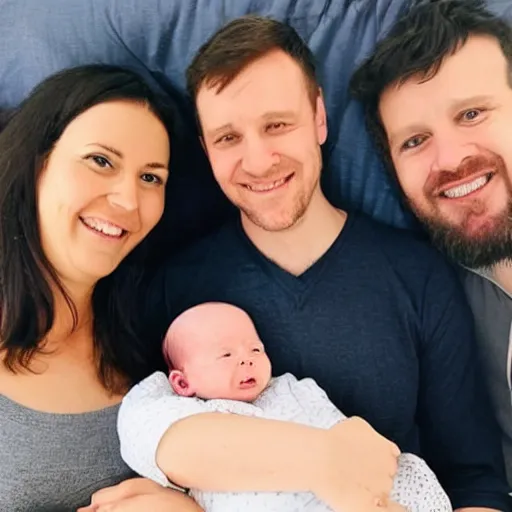 Prompt: a photo of a white man and his dark haired wife that are happy with their 3 month old baby boy.