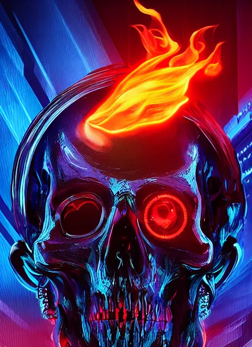 Image similar to a futuristic skull with glowing eyes and a flame fire background, cyberpunk art by android jones, behance contest winner, computer art, darksynth, synthwave, rendered in cinema 4 d