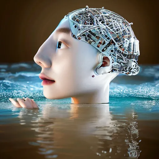 Image similar to beautiful centered Fine art photo portrait of HoYeon Jung as a solarpunk robotic humanoid treading on water, white mechanical parts with led lights, photorealistic, white background, highly detailed and intricate, sun lighting, HDR 8k