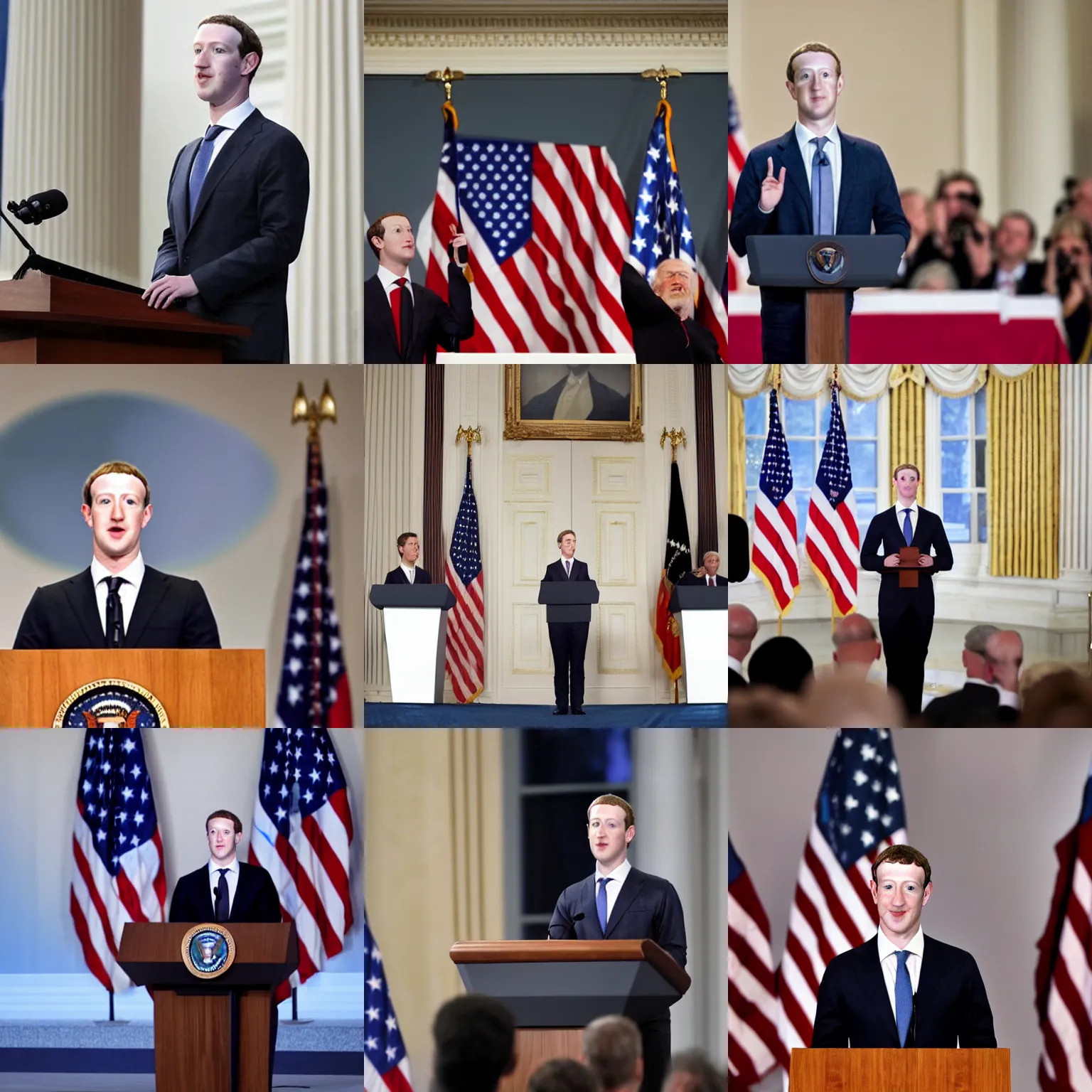 Prompt: mark zuckerberg as the president of the united states standing at the podium