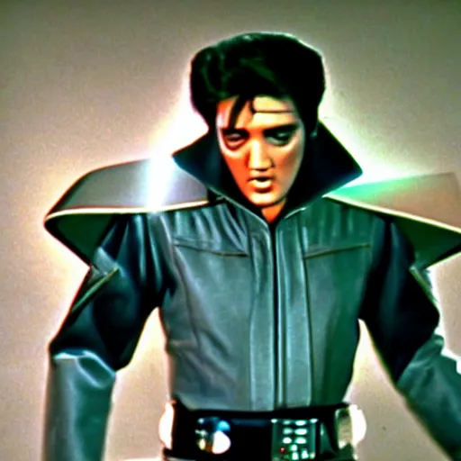 Prompt: elvis presley as a jedi in star wars, 1979 movie screen shot, epic lighting