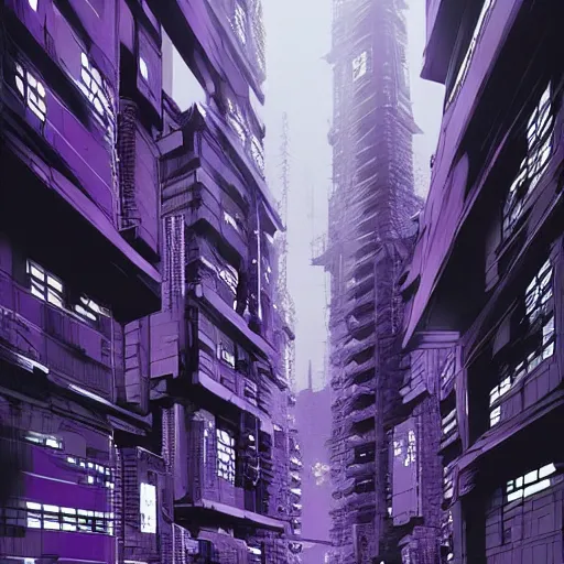 Prompt: Futuristic Concrete Dense Tokyo in style of Tsutomu Nihei in purple and black tones. ArtStation, Cyberpunk, vertical symmetry, 8K, Highly Detailed, Intricate, Album Art.