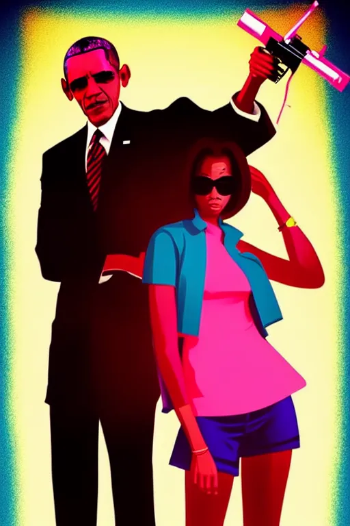 Prompt: obama and his daughter, gta vice city style art, pop art, no duplicate image, glowing lights, ultra details, digital painting, artstation, concept art, smooth, sharp focus, illustration, intecrate details, art by richard hamilton and mimmo rottela, pixels art by kirokaze and paul robertson