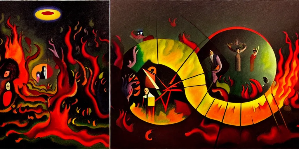 Image similar to trapped on a hedonic treadmill, dark uncanny surreal painting by ronny khalil, and kandinsky, dramatic lighting from fire glow, mouth of hell, ixions wheel