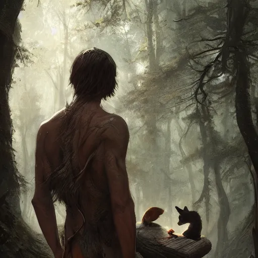 Prompt: 'portrait of the back a male wood-elf caring for the animals in the woods, art by Greg Rutkowski, 4k'