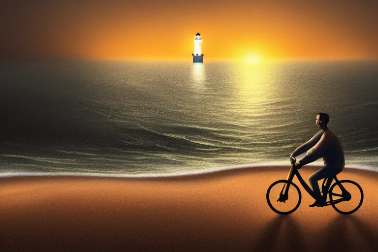 Image similar to photo of man riding a bicycle along the beach that is lit by glowing organisms underwater toward a lighthouse in the distance, wide horizon, large white clouds, intricate, elegant, highly detailed, digital painting, artstation, concept art, smooth, sharp focus, illustration, art by artgerm and greg rutkowski and fra angelico