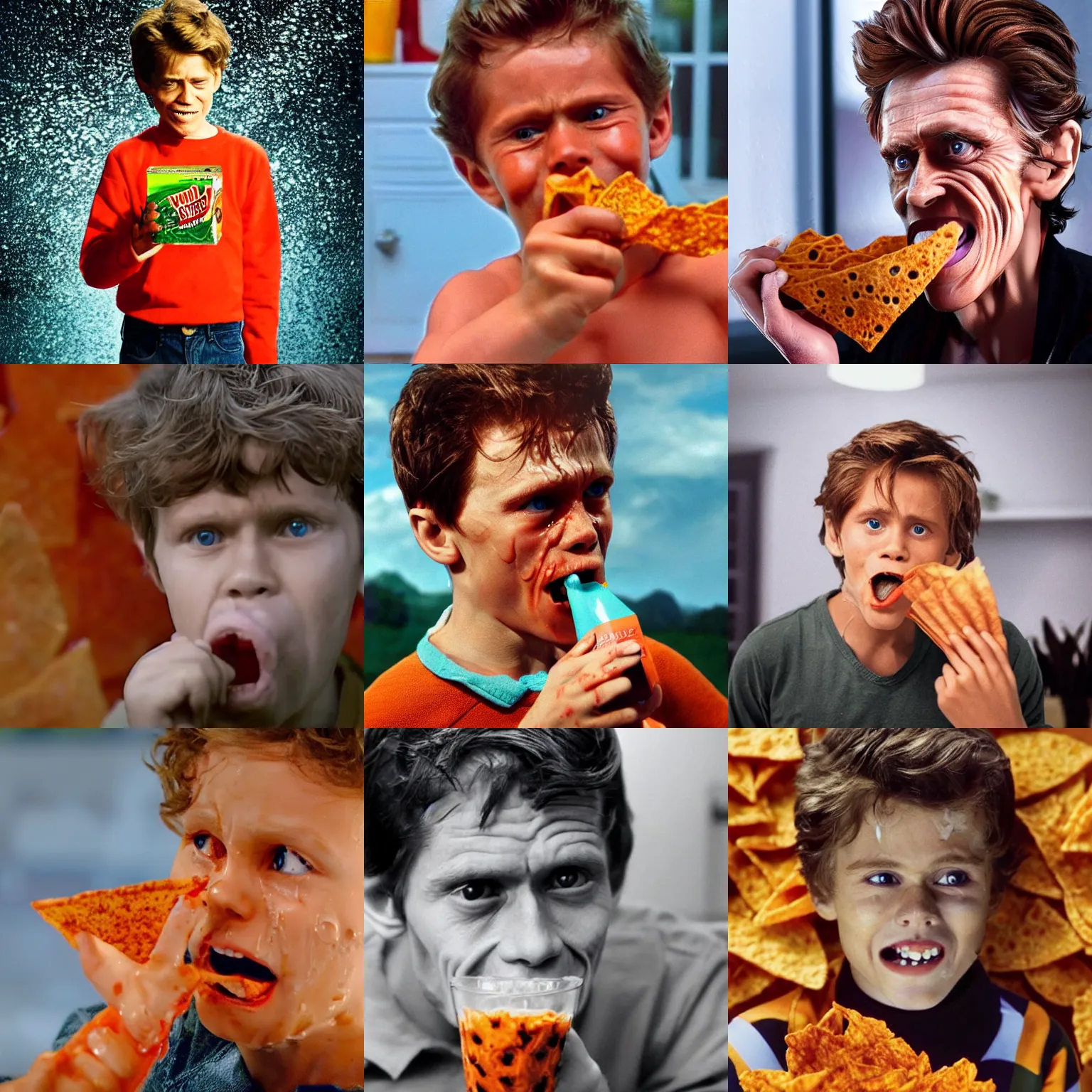 Prompt: young willem dafoe drinking dorito juice happily, wet mouth, dripping dorito juice, 2 0 1 5 viral advertisement, english text, food commercial 4 k