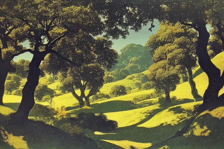 Prompt: masterpiece painting of oak trees on a hillside overlooking a creek, dramatic lighting, by maxfield parrish